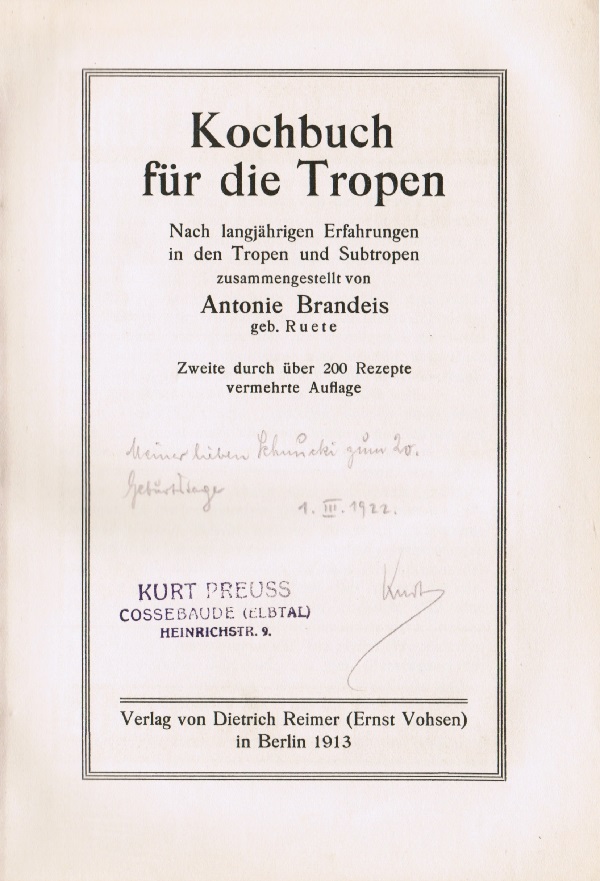 Kochbuch für die Tropen, Titelblatt der 2. Auflage 1913